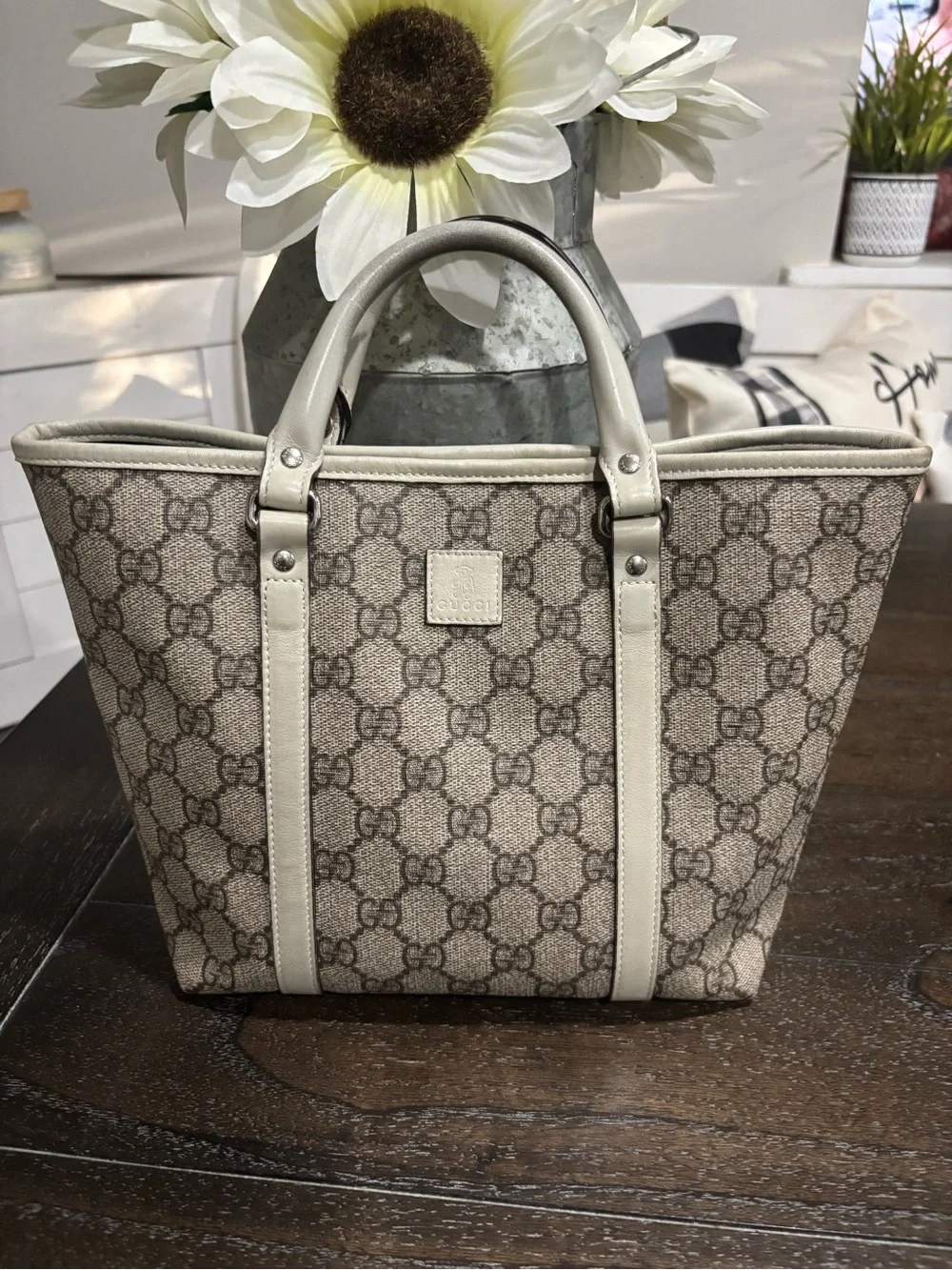 Gucci Beige/Tan GG Canvas Tote with Neutral Leather Trim